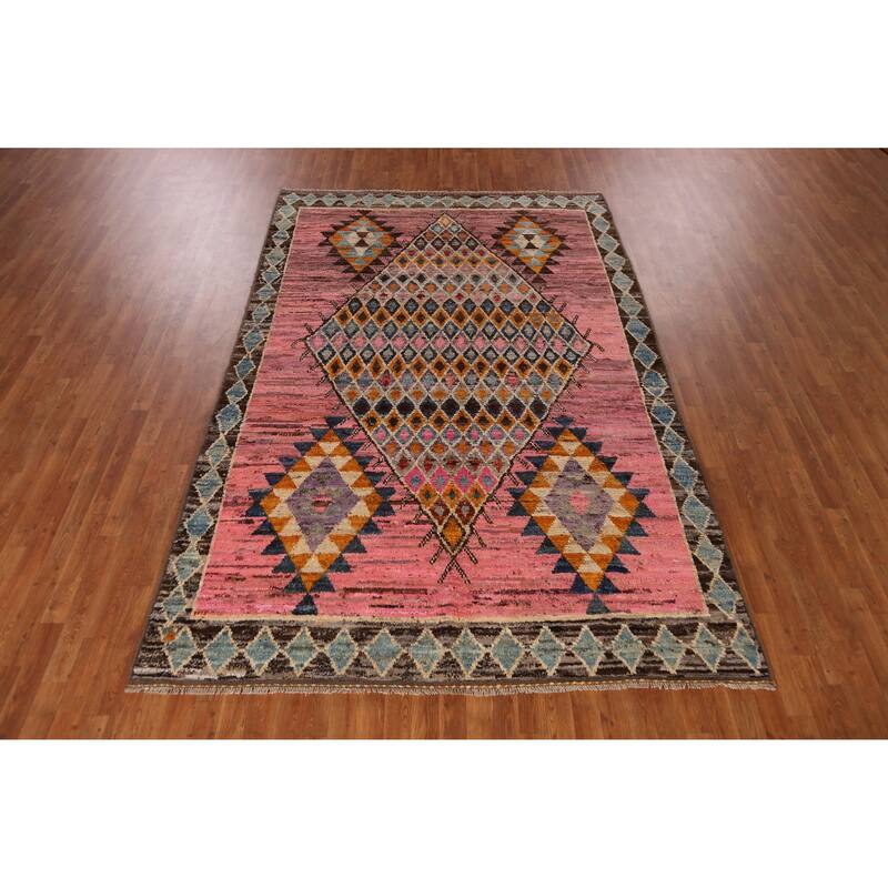 Pink Geometric Moroccan Area Rug Hand-Knotted Wool Carpet - 6'7" x 10'3"