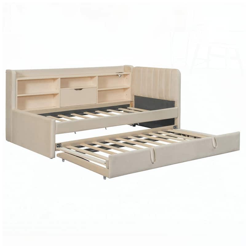 Upholstered Daybed with Trundle and Storage Shelves