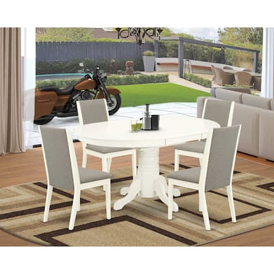 HomeStock 5-Piece Oval Linen White Finish Solid Wood Top Dining Table with 4 Parson Chair with Butterfly Leaf Lattice Back