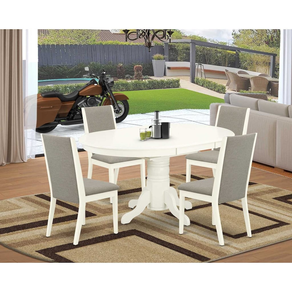 HomeStock 5-Piece Oval Linen White Finish Solid Wood Top Dining Table with 4 Parson Chair with Butterfly Leaf Lattice Back