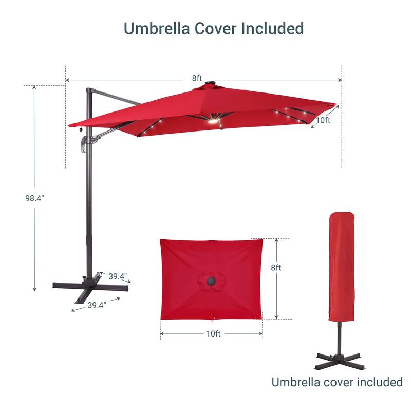 LIVOOSUN Aluminum 10x8FT LED Rectangular Cantilever Patio Umbrella