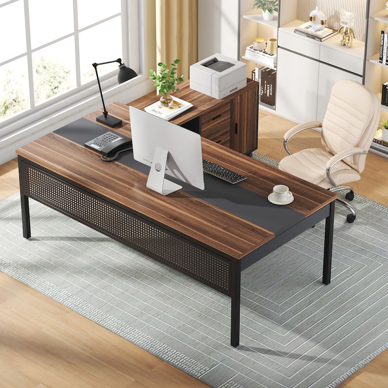 71 Inch Executive Desk with Mobile File Cabinet, L-Shaped Desk with Drawers & Shelves, Large Computer Desk for Home Office