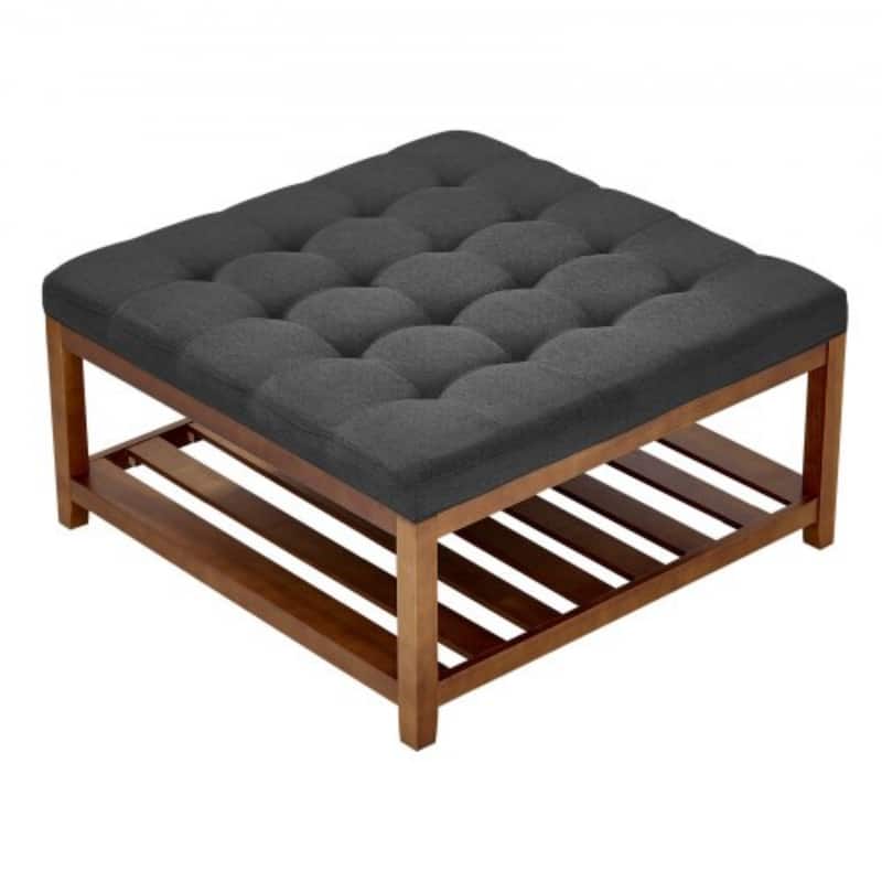 Dark Gray Square Ottoman Coffee Table with Storage Tufted Linen Upholstered Bench Footrest 400 lbs Capacity - Dark Grey