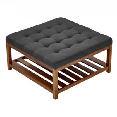 Dark Gray Square Ottoman Coffee Table with Storage Tufted Linen Upholstered Bench Footrest 400 lbs Capacity