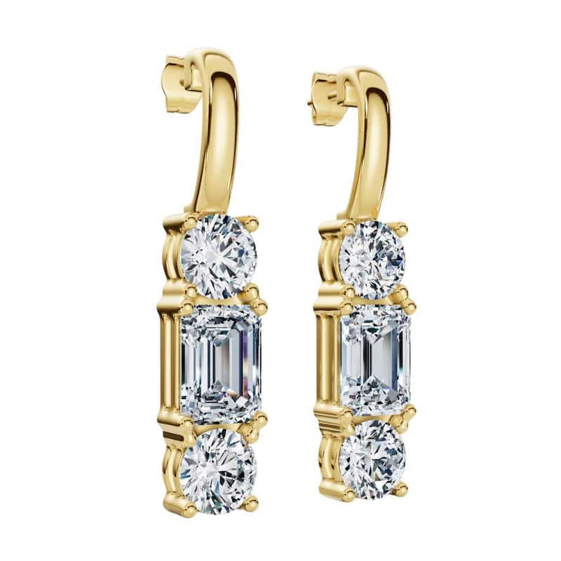 Bliss Diamond 6Ct Emerald & Round Cut Diamond Earrings Gold Lab Grown 1 1/3" Tall - Yellow