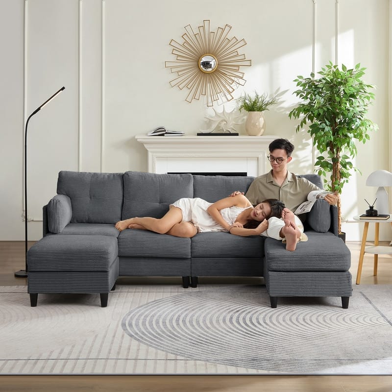 Mixoy W89inch U-Shaped Corduroy Sectional Sofa with Reversible Ottoman,Upholstered 4-Seater Sofa