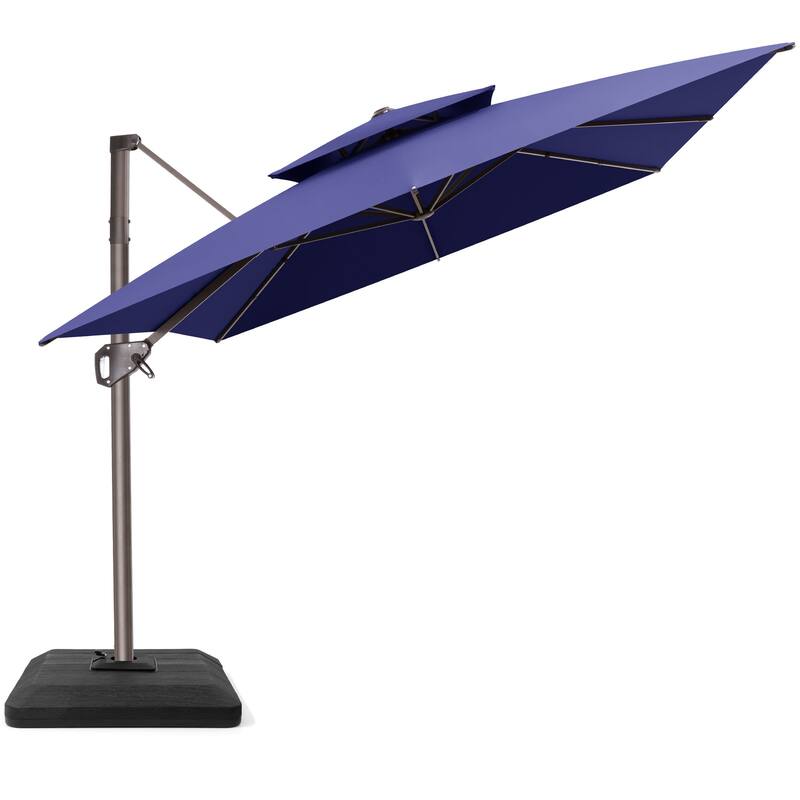 11 × 9 ft Outdoor Patio Offset Cantilever Dual Top Umbrella with 4-Piece Fillable Weighted Base - Navy Blue