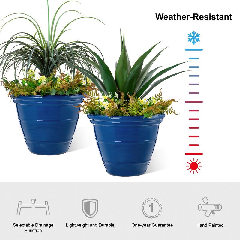 Glitzhome Set of 2 Round Cobalt Blue/Turquoise/Red Faux Ceramic Pot Plastic Planter