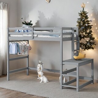 Twin High Loft Bed with Ladder landing Platform and Guardrails, Grey