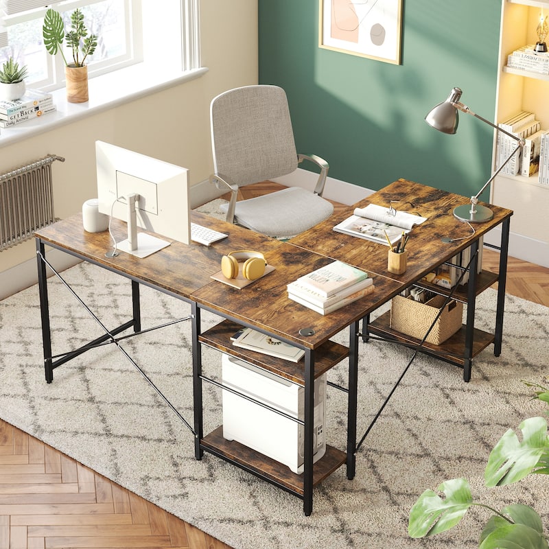 95.2 Inch L Shaped Desk with Shelves Home Office Computer Desk - Rustic Brown