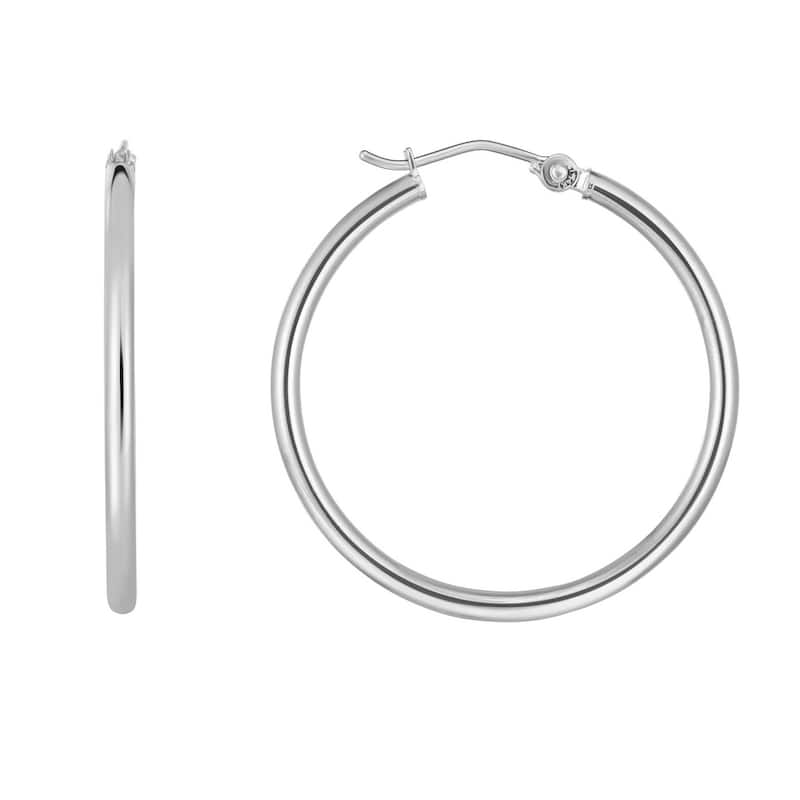 Curata 14k White Gold 2x30mm Shiny Round Tube Hoop Earrings With Hinged Clasp
