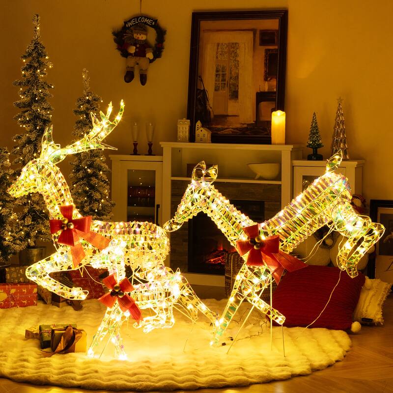 Gymax Christmas Lighted Reindeer w/ LED Lights & Red Bows Stakes - Multi - See Details
