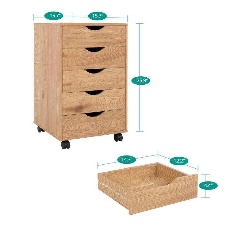 5 Drawers Chest, Wood Storage Dresser with Wheels, Craft Storage Organizer and Storage Drawer Office Drawer Unit