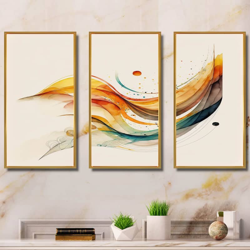 Designart "Burnt Orange Waves Abstract II" Modern Waves Framed Canvas Art Print - 3 Panels
