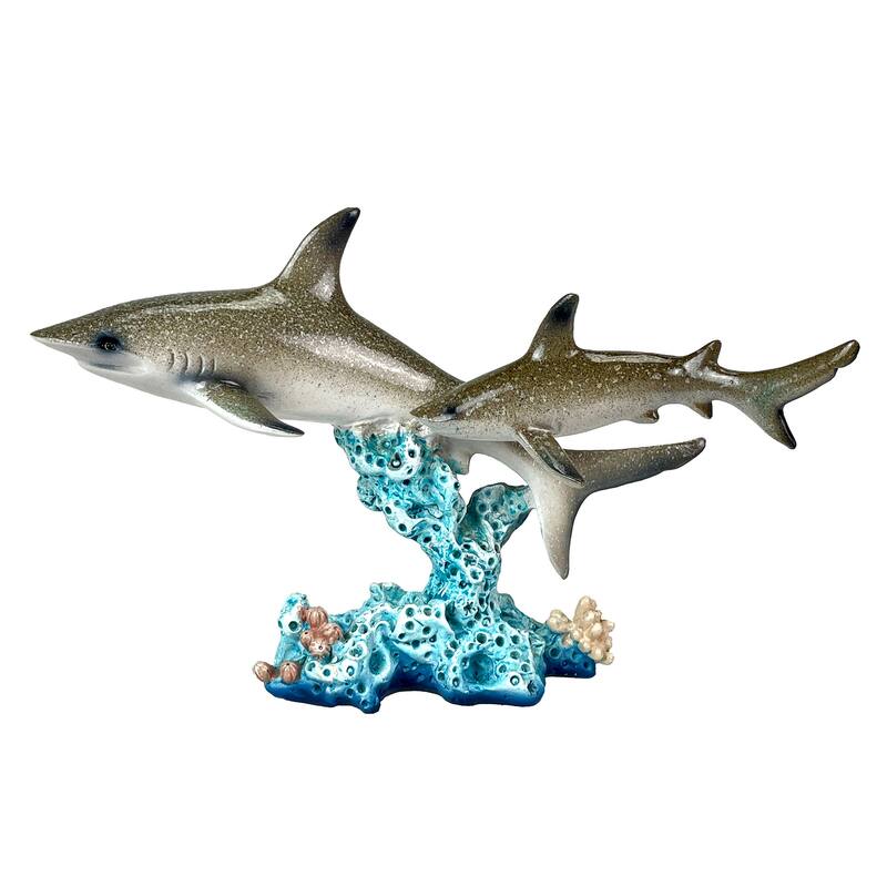 Double Sharks On Coral Statue 10" Hand-Painted Ocean Marine Decor - 6.5 X 10 X 4 inches
