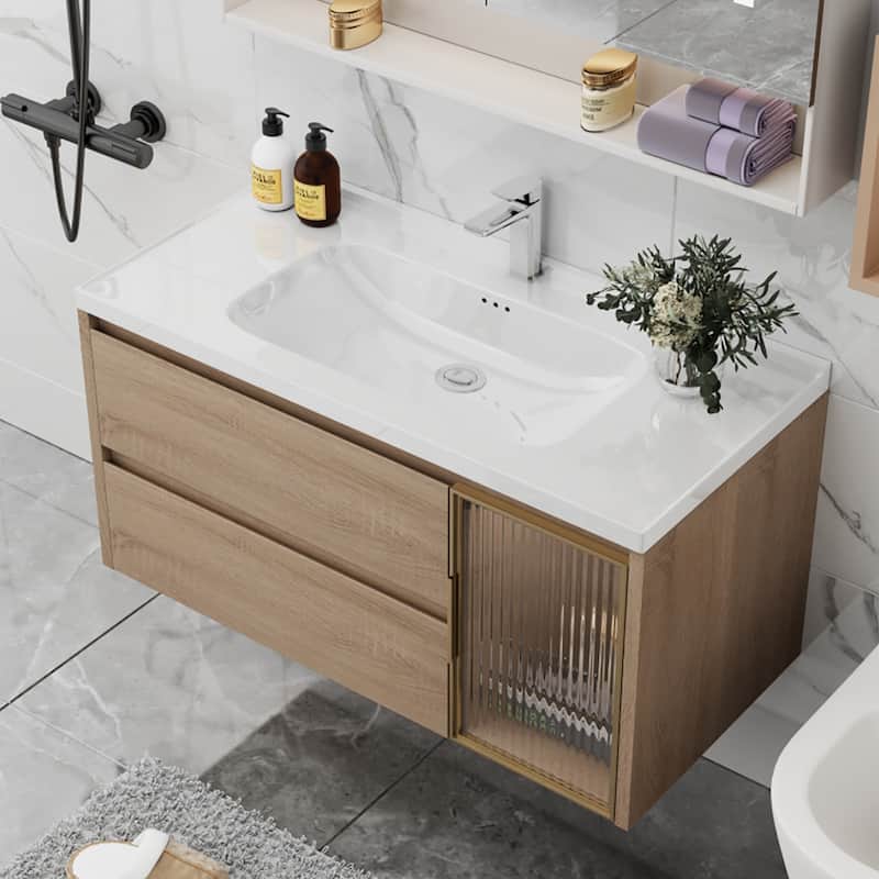 35.8 Single Bathroom Vanity with Sink - 35.8 - Wood Finish - Oak
