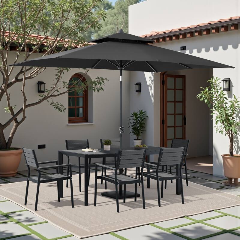 9/11-Piece Outdoor Patio Dining Set Aluminum Dining Table and Stackable Chairs w/10 ft Market Umbrella and Base