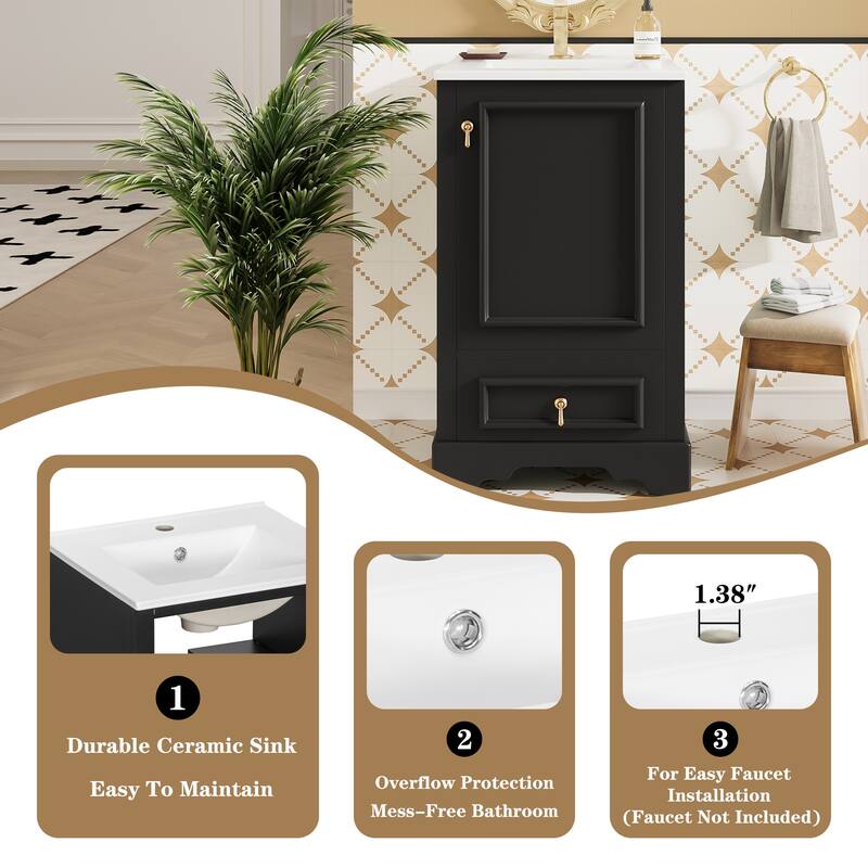 20" Bathroom Vanity with Ceramic Sink, Soft-Close Door, Drawer, Adjustable U-Shaped Shelf, Modern Freestanding Design