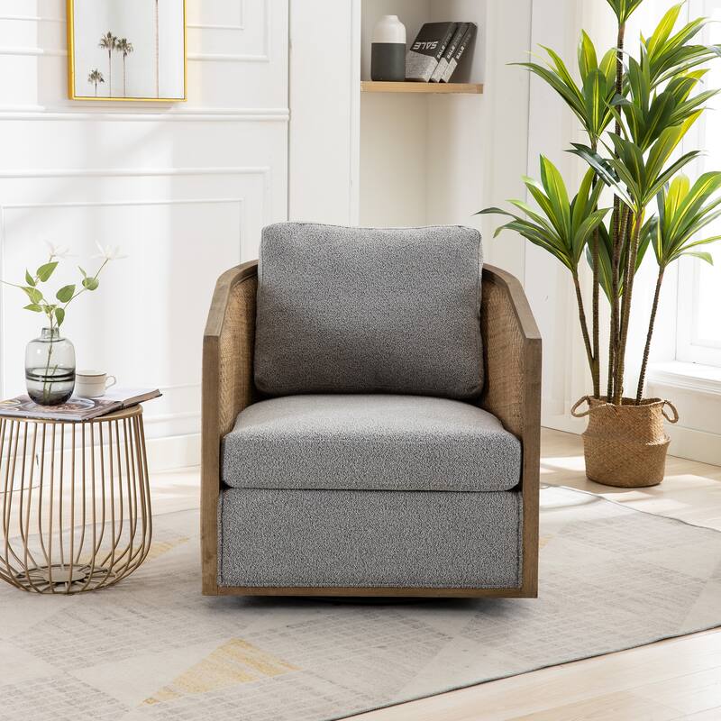 Boucle Upholstered Swivel Barrel Chair, Comfy Round Accent Sofa Chair, High Back Club Chair with Rattan Armrests