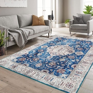 Washable Area Rug 9x12 Large Rug Floral Rug Border Boho Distressed Rugs ...