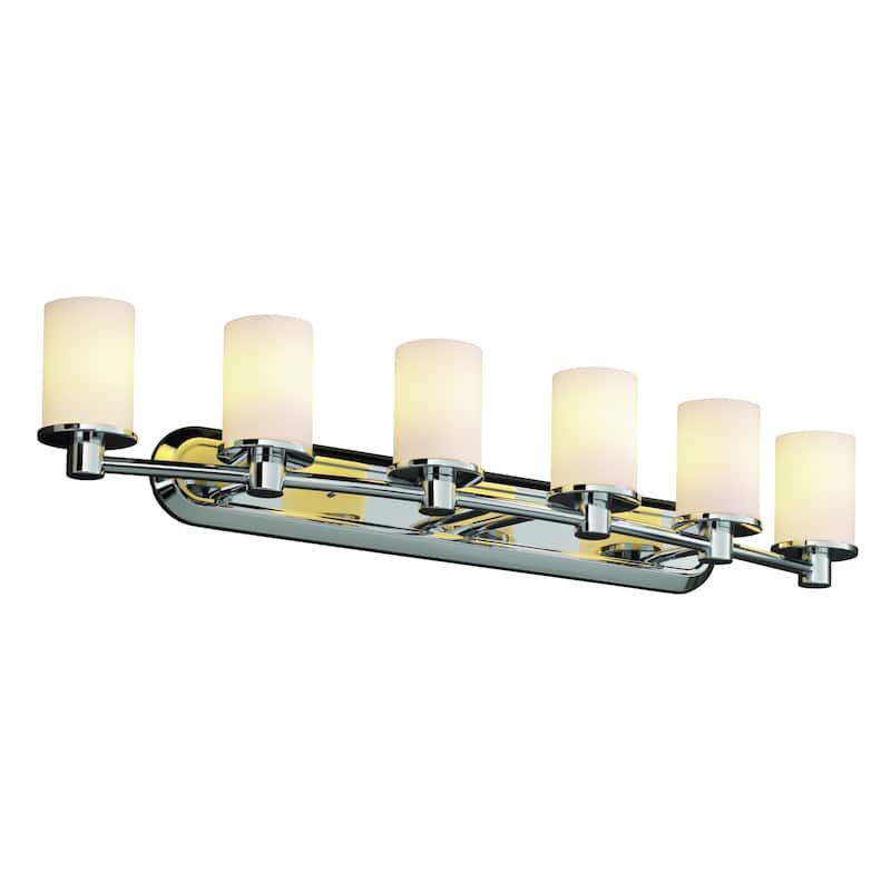 Justice Design Fusion Rondo 6-light Polished Chrome Bath Bar, Opal Cylinder - Flat Rim Shade - Polished Chrome, Opal