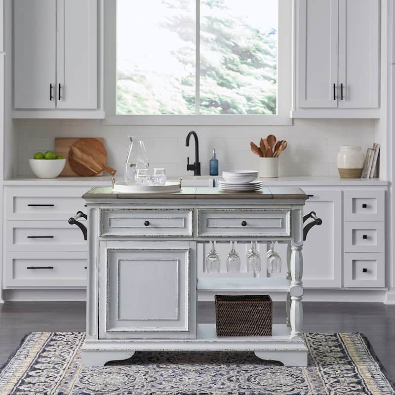 Liberty Furniture Magnolia Manor Bar Cart with Flip Top - Width 38" x Depth 15" x Height 38" - Antique White & Weathered Bark