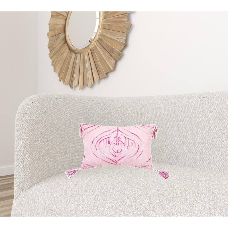 HomeRoots 13" X 20" Pink White And Silver Abstract Zippered Polyester Throw Pillow With Tassels