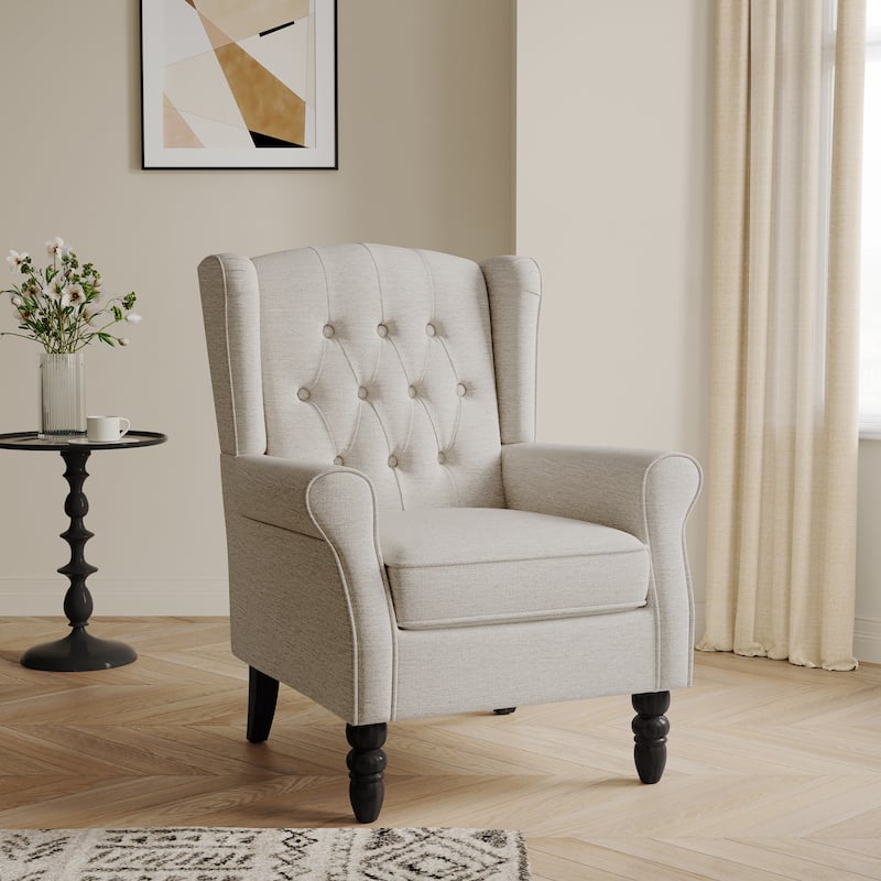 Button-Tufted Accent Chair Wingback Armchair - 38"H - Beige