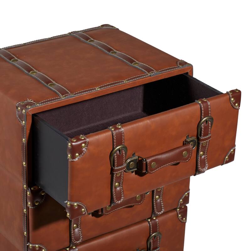 Wooden Faux Leather 5 or 6 Drawers Chest with Buckle and Strap Detailing - Brown - Roche River Decor