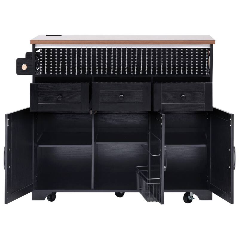 46.5'' Farmhouse Kitchen Island with Drape of Beads, Power Outlet, Drop Leaf, Rolling Wheels, 3 Doors and 3 Drawers