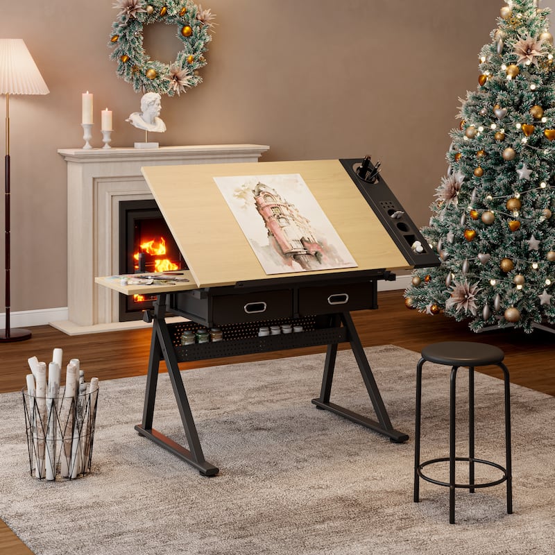 Anmytek Multifunctional Drafting Table with Tiltable Wood Top Storage Drawers Pegboard and Stool for Artist Home Studio - Black - Sketcher