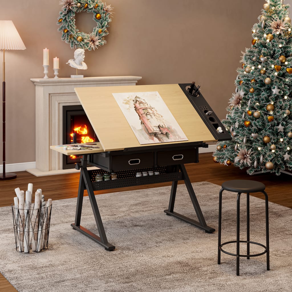 Anmytek Multifunctional Drafting Table with Tiltable Wood Top Storage Drawers Pegboard and Stool for Artist Home Studio