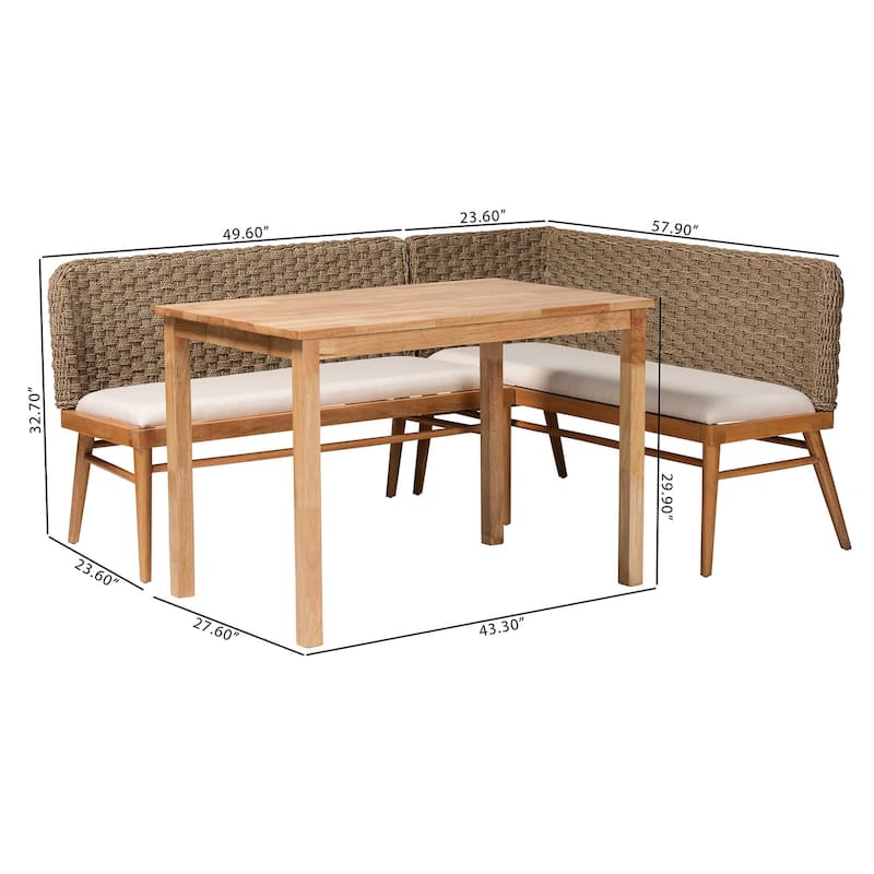 Denver Modern Bohemian Natural Seagrass and Acacia Wood Dining Nook Set
