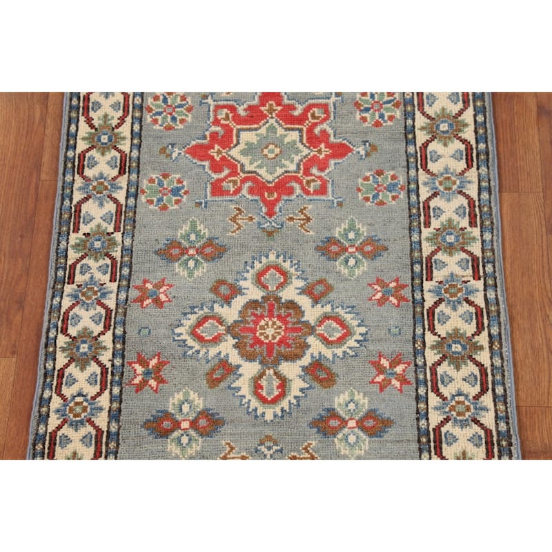 Gray Geometric Kazak Oriental Runner Rug Hand-Knotted Wool Carpet - 2'2" x 6'0"