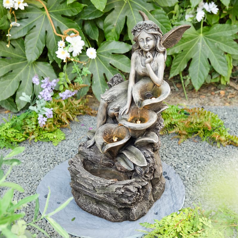 Glitzhome 22"H 4-Tiered LED Lighted Mermaid Fairy Polyresin Outdoor Floor Statue Fountains