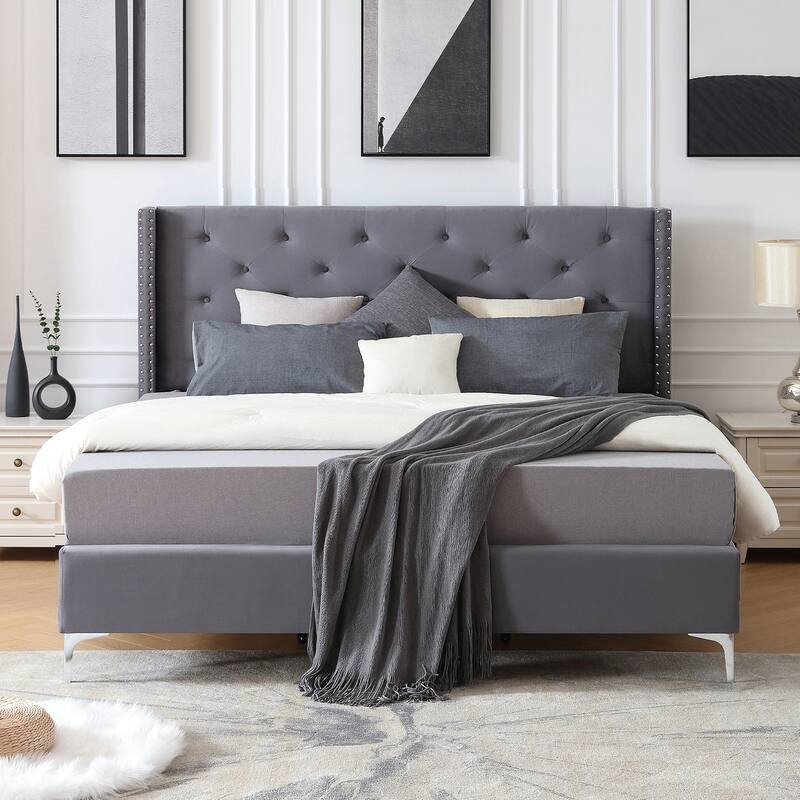 Morden Fort King Size Velvet Upholstered Platform Bed Frame with 6 inches Metal Legs - Grey