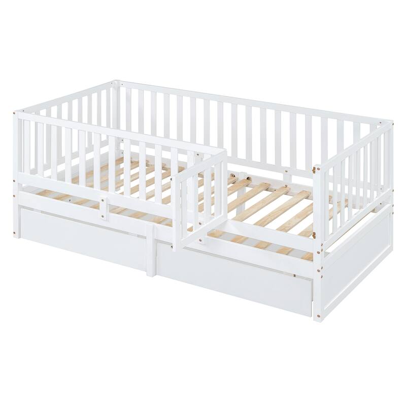 Twin Size Wood Daybed with Guardrails and Drawers, Convertible to Floor Bed, White