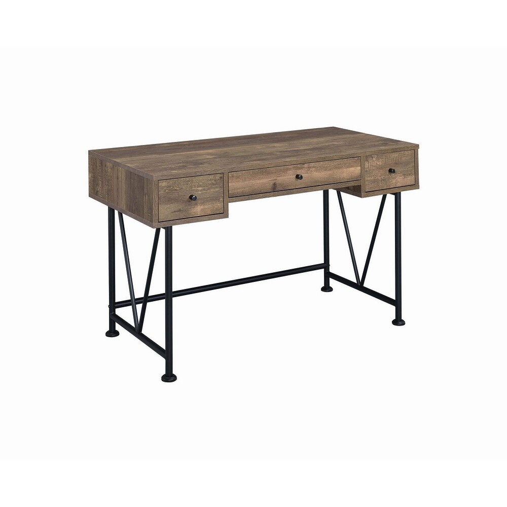 Overstock Traditional Style Wooden Writing Desk with 3 Drawers, Rustic Oak and Black (Bronze Finish - MDF/Particle Board - Assembly Required - Brown -