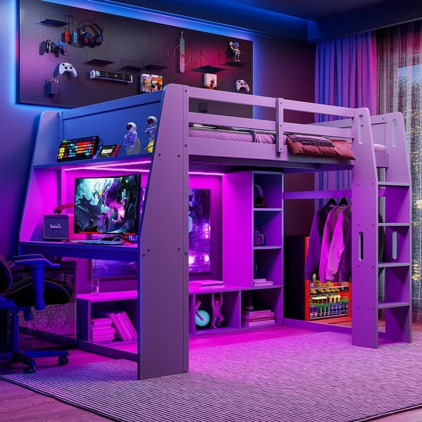 slide 2 of 6, Full Size Wood Gaming Loft Bed with Desk, Shelves, LED and a Hanging Clothes Rack