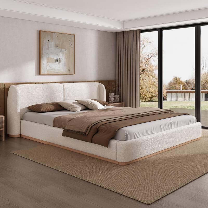 King Size Bed Frame with Upholstered Wingback Headboard, Solid Wood Base, White - White
