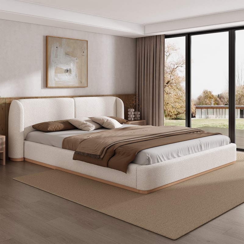 White Low Profile Platform Bed Ground Bed Boucle Frame with Upholstered Wingback Headboard