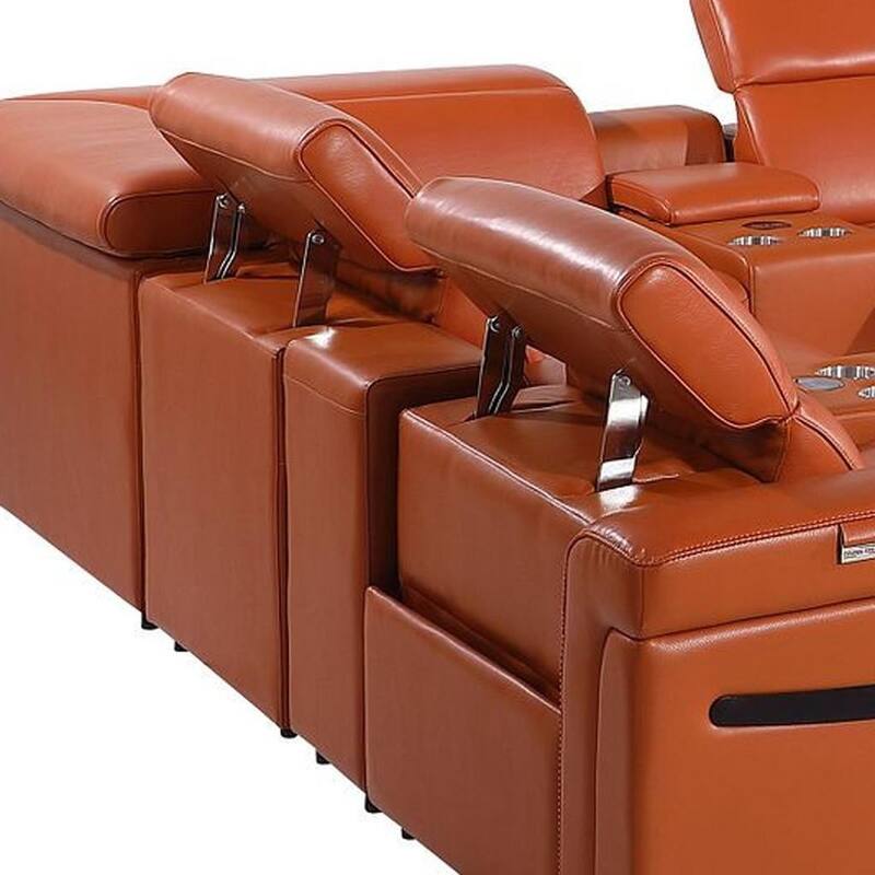 HomeRoots Camel Italian Leather Power Reclining U Shaped Twelve Piece Sectional With Console