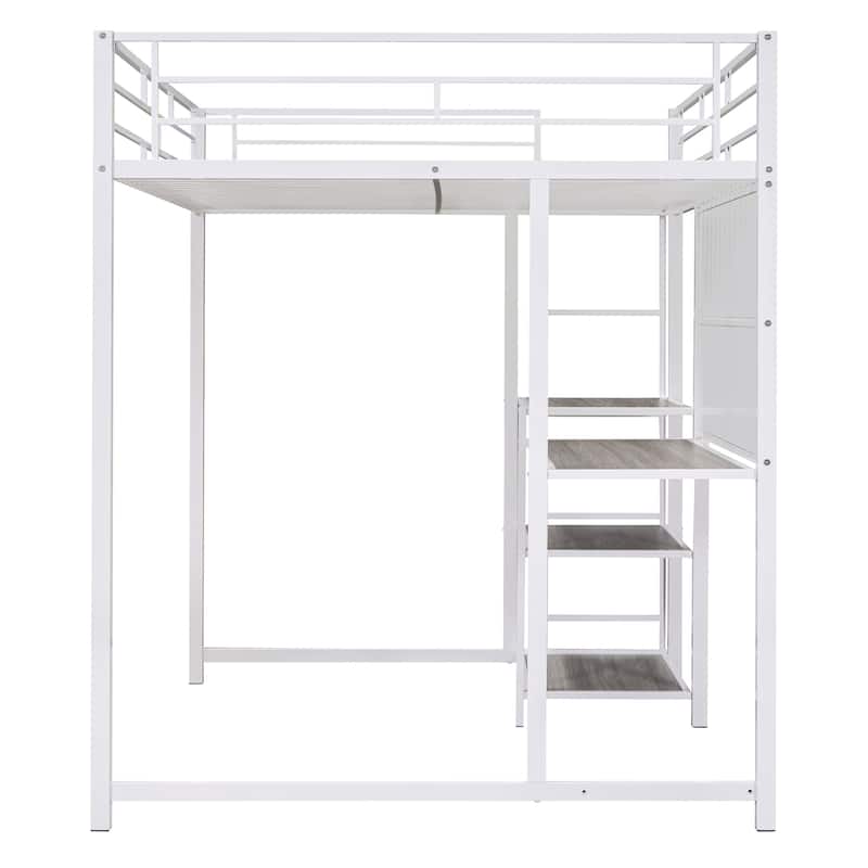 Full Size Metal Frame Loft Bed w/ Shelves & Desk, Whiteboard, Unisex ...