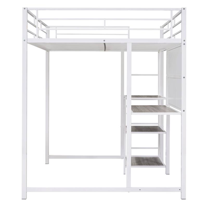 Twin Metal Loft Bed with Desk, Shelves, and Whiteboard, Space-Saving Design
