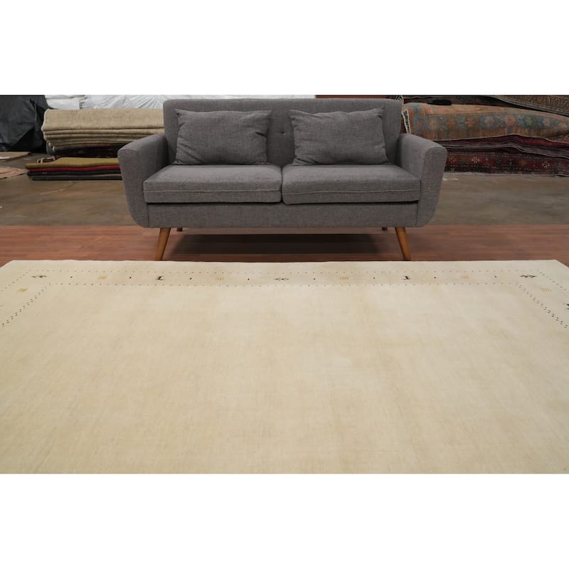 Hand Knotted Oriental 100% Wool Carpet Tribal Animal Pictorial Beige & Ivories Gabbeh Area Rug - 9' 9'' X 6' 7''
