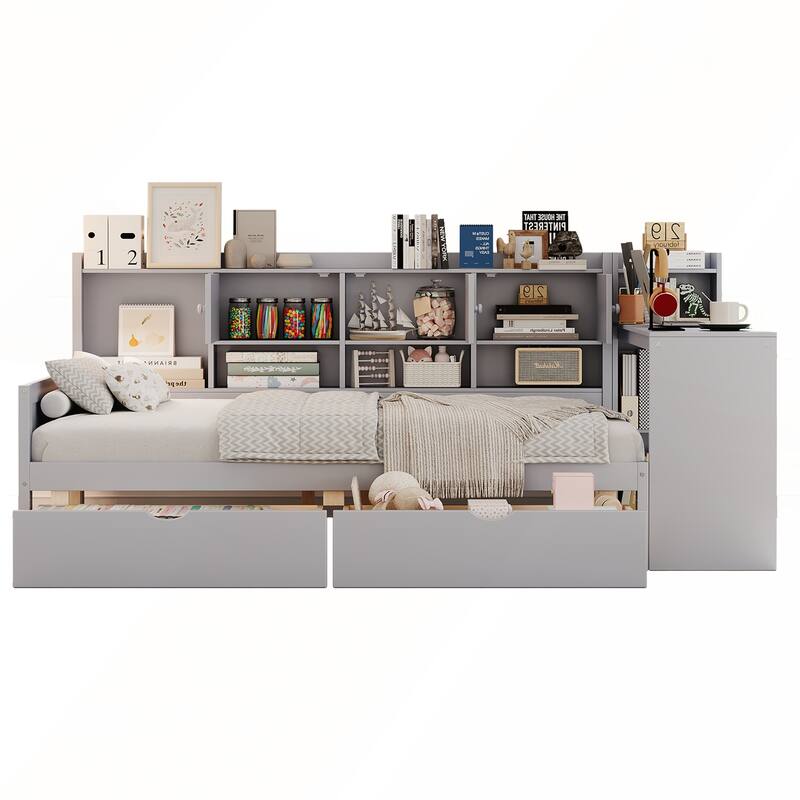 Wooden L-Shape Full Size Daybed with Study Desk and Built-in Bookshelf