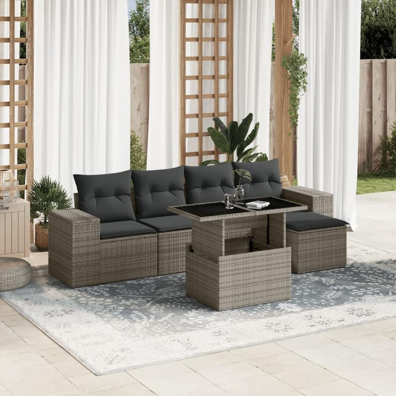 vidaXL Patio Sofa Set with Cushions Outdoor Furniture 6 Piece Poly Rattan - 21.7 x 39.4 x 28.7 - Grey-without storage