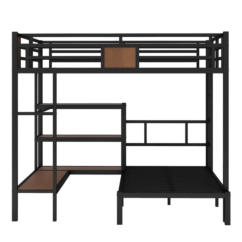 Queen over Twin Metal Bunk Bed with Hangers and Shelves, Heavy Duty Metal Bunk Bed Frame with Storage Area on Upper Bed