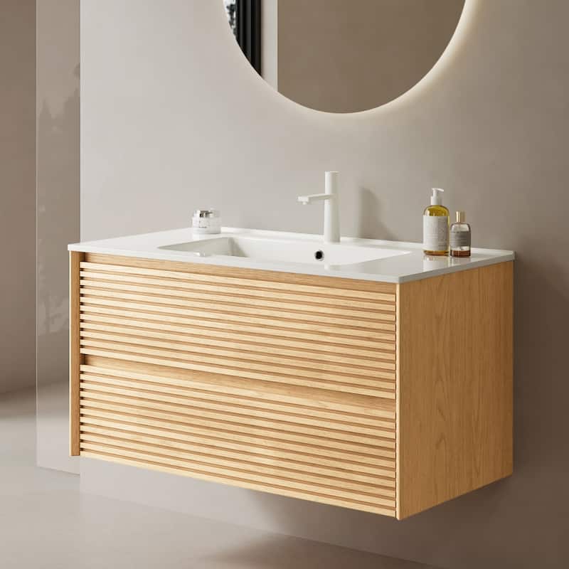 GDFStudio - Bron Modern Floating Bathroom Vanity with Integrated Rectangular Ceramic Basin and 2 Soft-Close Drawers, NO Faucet