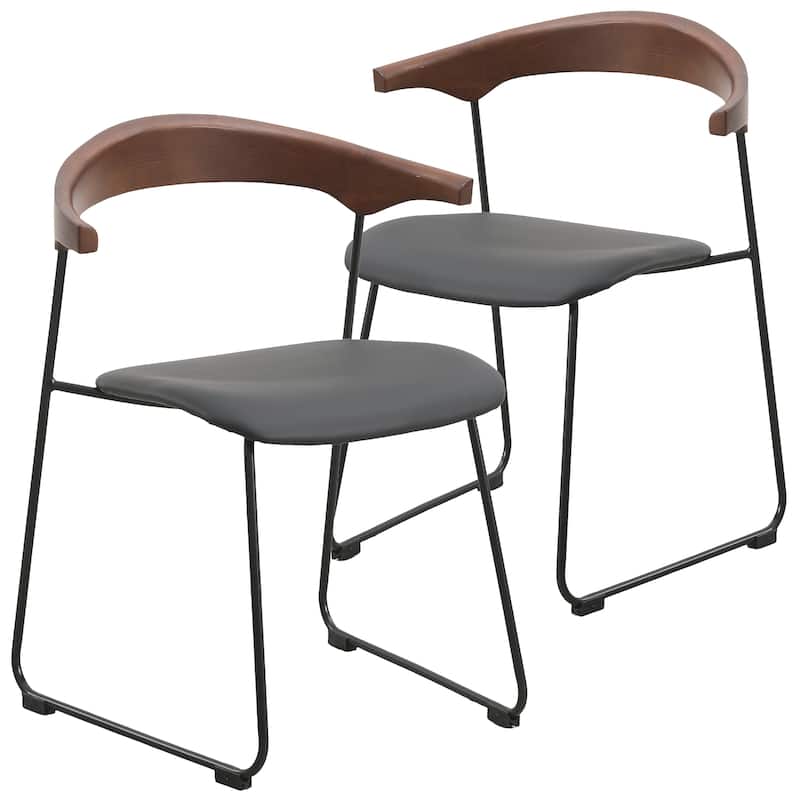 Dining Chair in Leather with Beech Back and Iron Legs Set of 2 - Black Walnut/Black